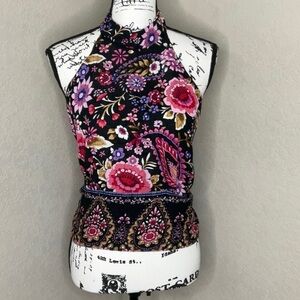 661 - Cynthia Rowley NWT Black/Pink Floral Sleeveless Halter Top, Size Medium